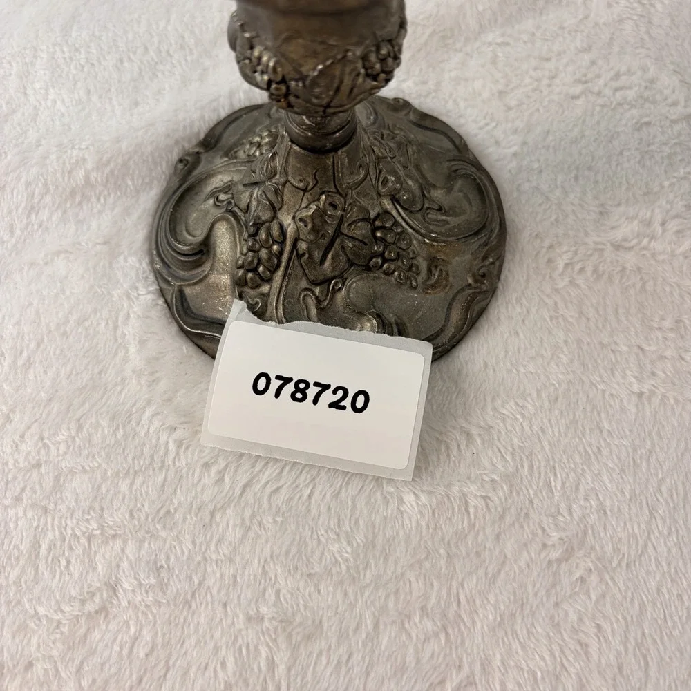 Vtg 70s Ornate Hurricane Candle Holder Pewter Silver Tone Grapevine Base Patina